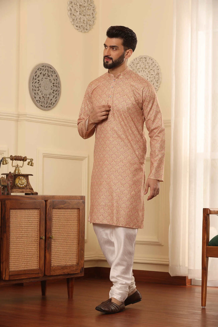 Cotton Printed Kurta with White Churidar Pajama Set for Men - Effortless Style, Timeless Sophistication