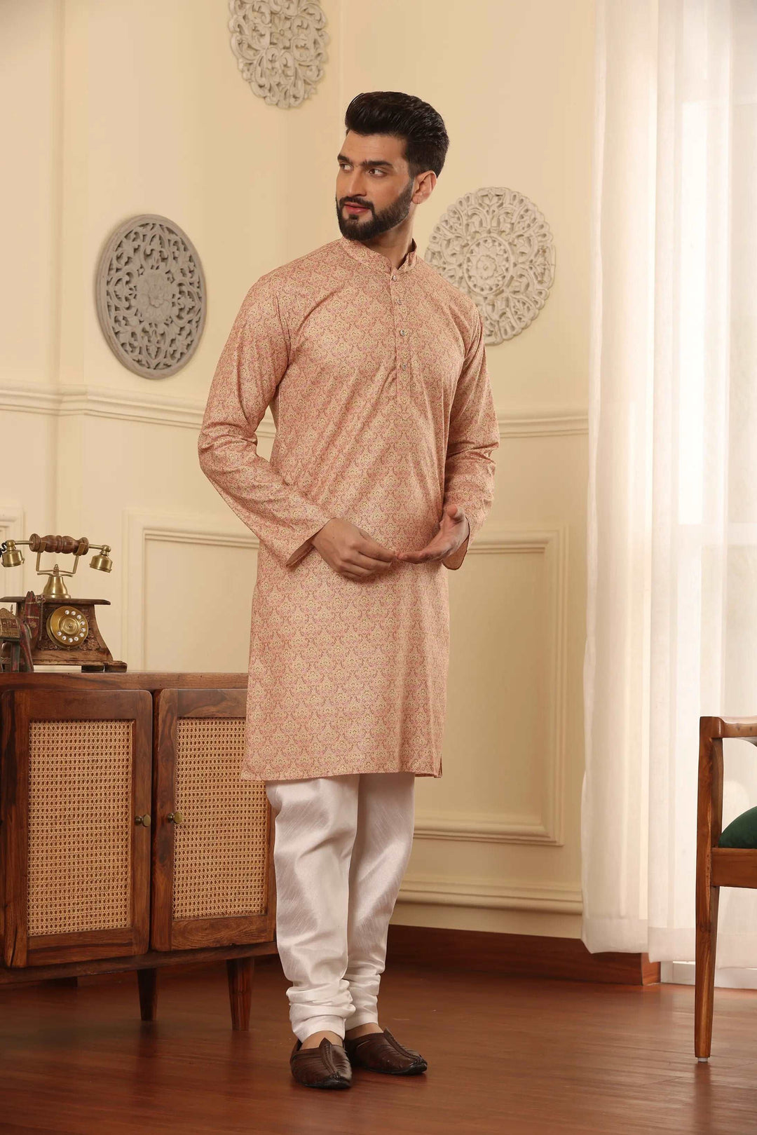 Cotton Printed Kurta with White Churidar Pajama Set for Men