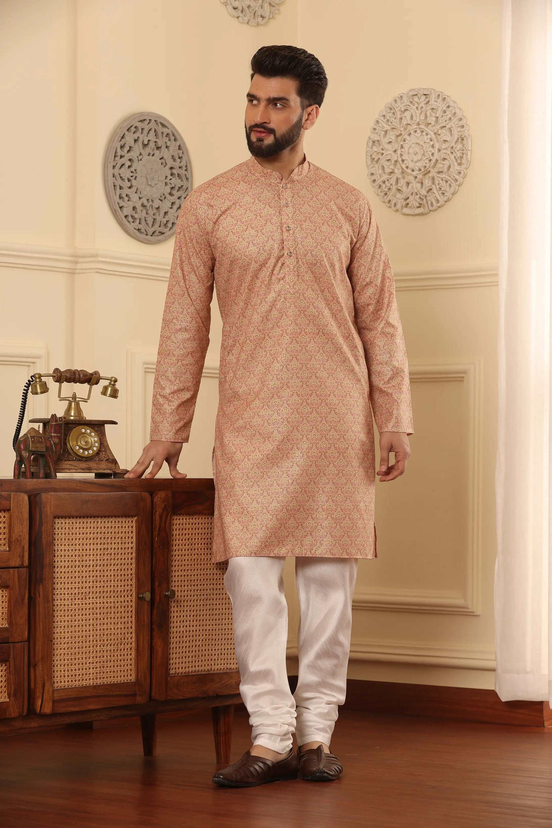 Cotton Printed Kurta with White Churidar Pajama Set for Men - Effortless Style, Timeless Sophistication