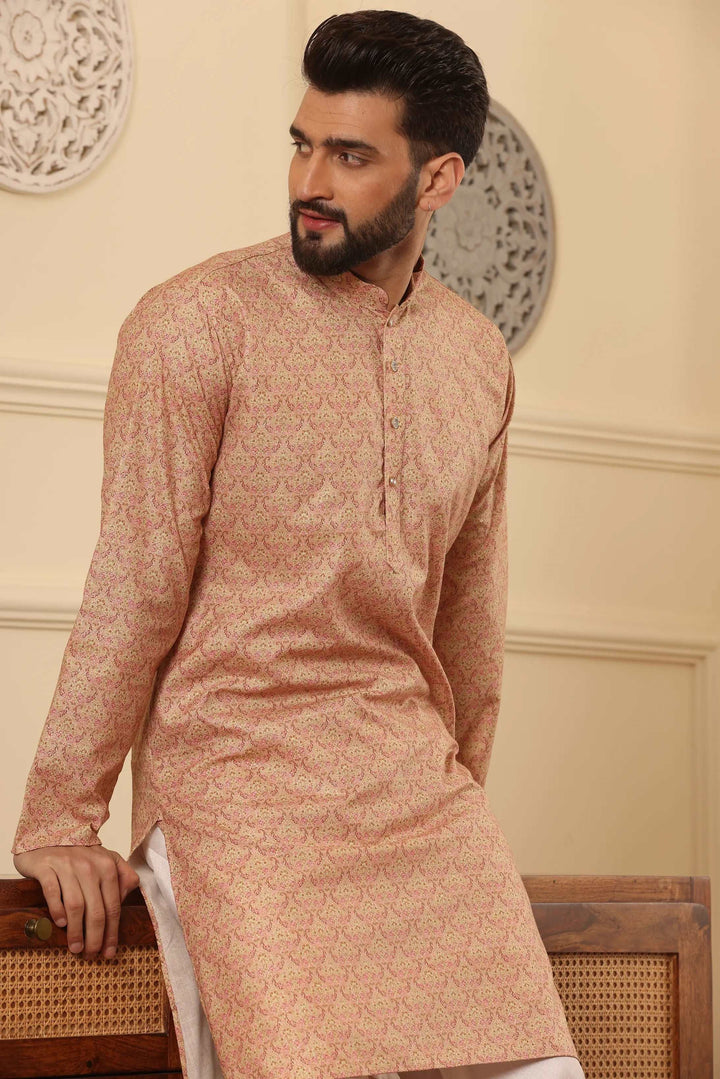 Cotton Printed Kurta with White Churidar Pajama Set for Men - Effortless Style, Timeless Sophistication