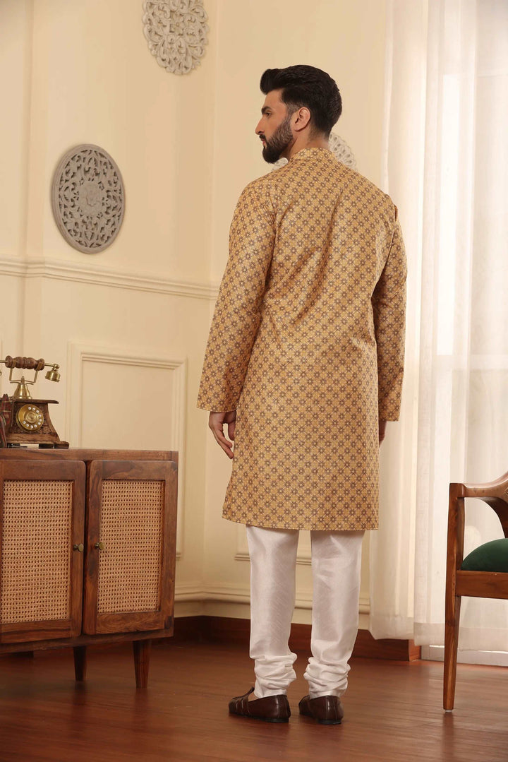 Gold Cotton Printed Kurta with White Churidar Set for Men - Timeless Style, Distinct Sophistication