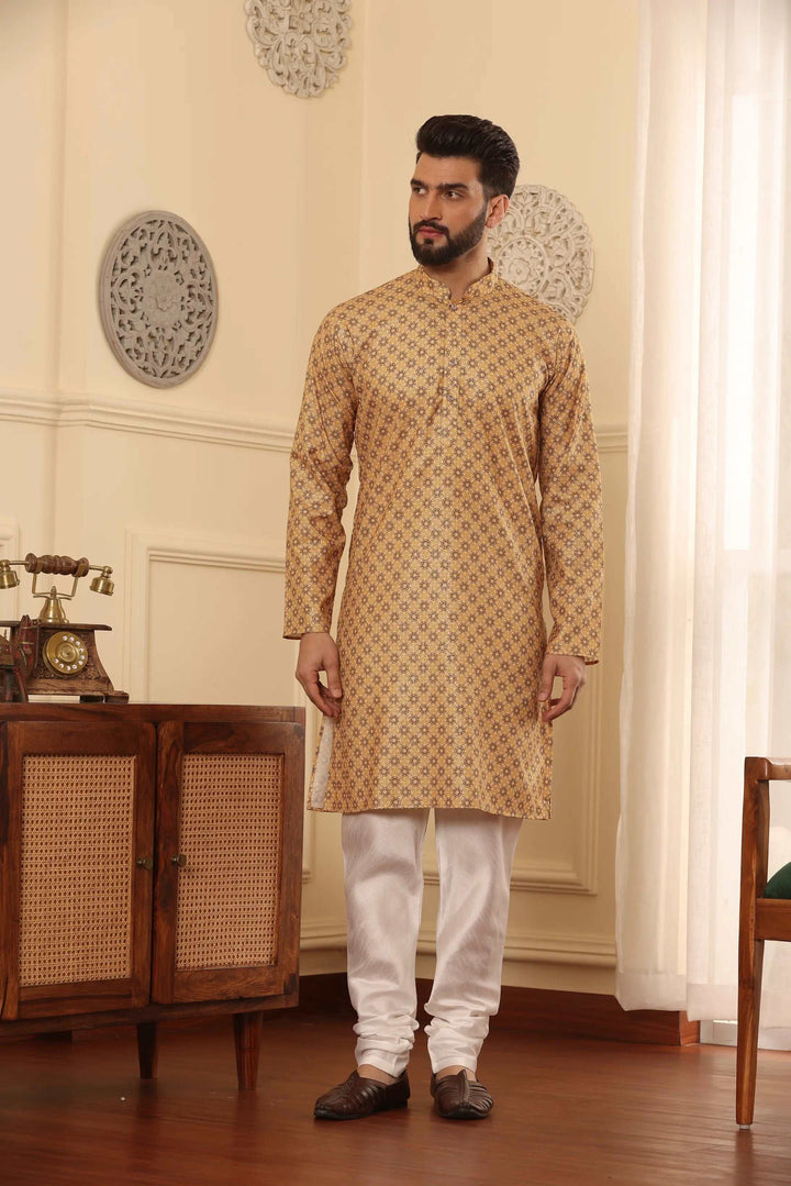 Gold Cotton Printed Kurta with White Churidar Set for Men - Timeless Style, Distinct Sophistication