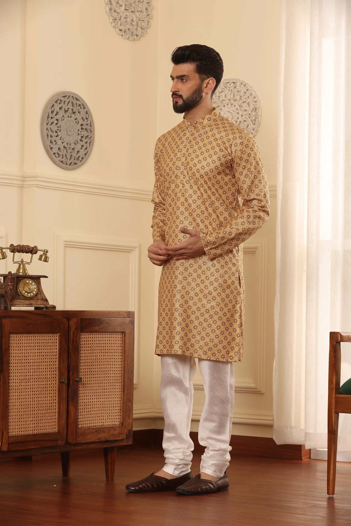 Gold Cotton Printed Kurta with White Churidar Set for Men - Timeless Style, Distinct Sophistication