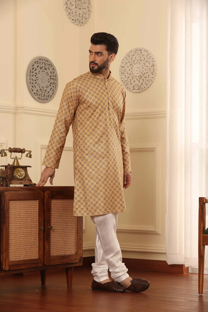 Gold Cotton Printed Kurta with White Churidar Set for Men - Timeless Style, Distinct Sophistication