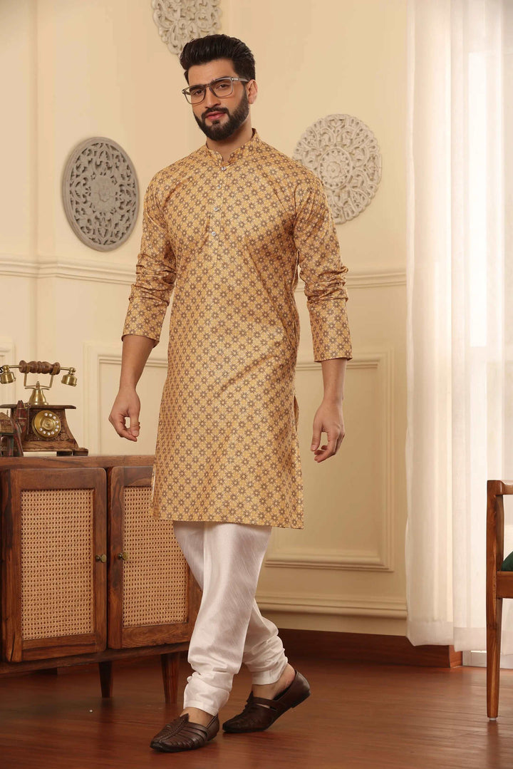 Gold Cotton Printed Kurta with White Churidar Set for Men - Timeless Style, Distinct Sophistication