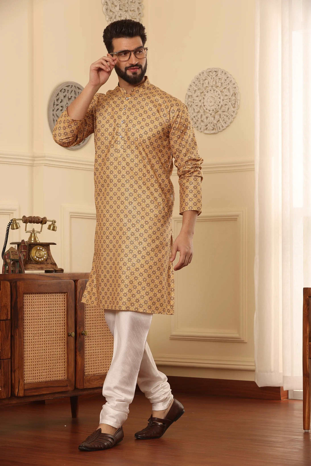 Gold Cotton Printed Kurta with White Churidar Set for Men - Timeless Style, Distinct Sophistication