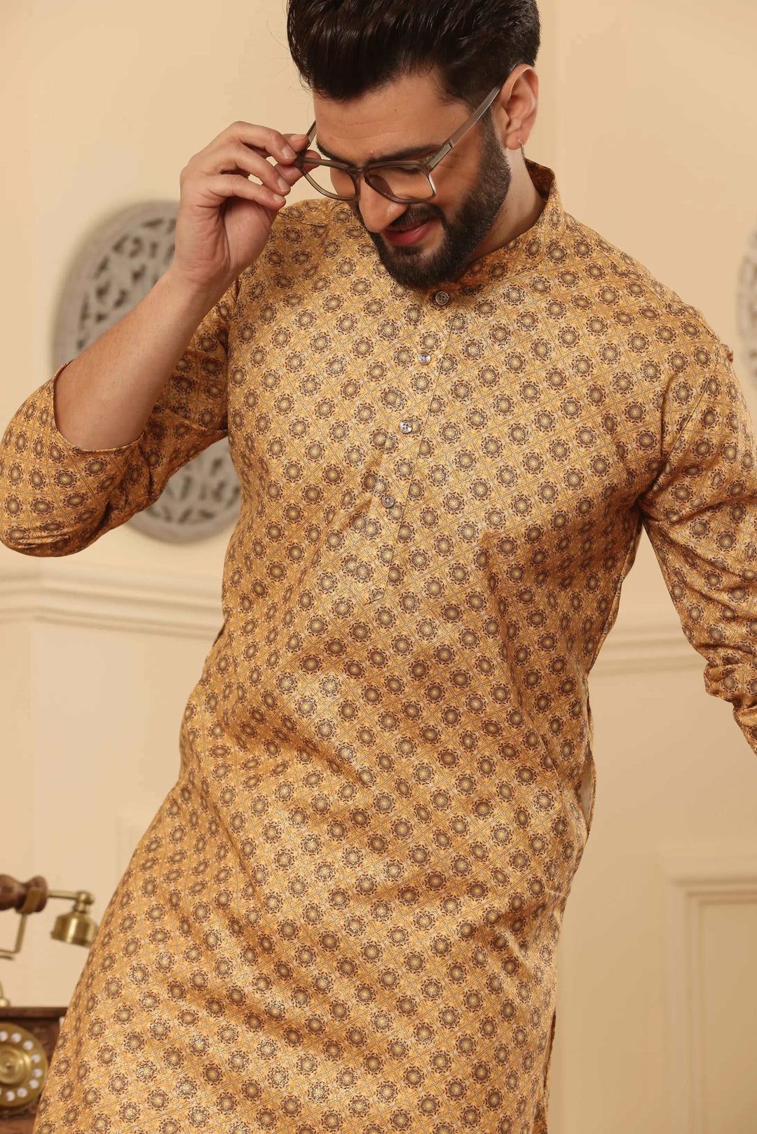 Gold Cotton Printed Kurta with White Churidar Set for Men - Timeless Style, Distinct Sophistication