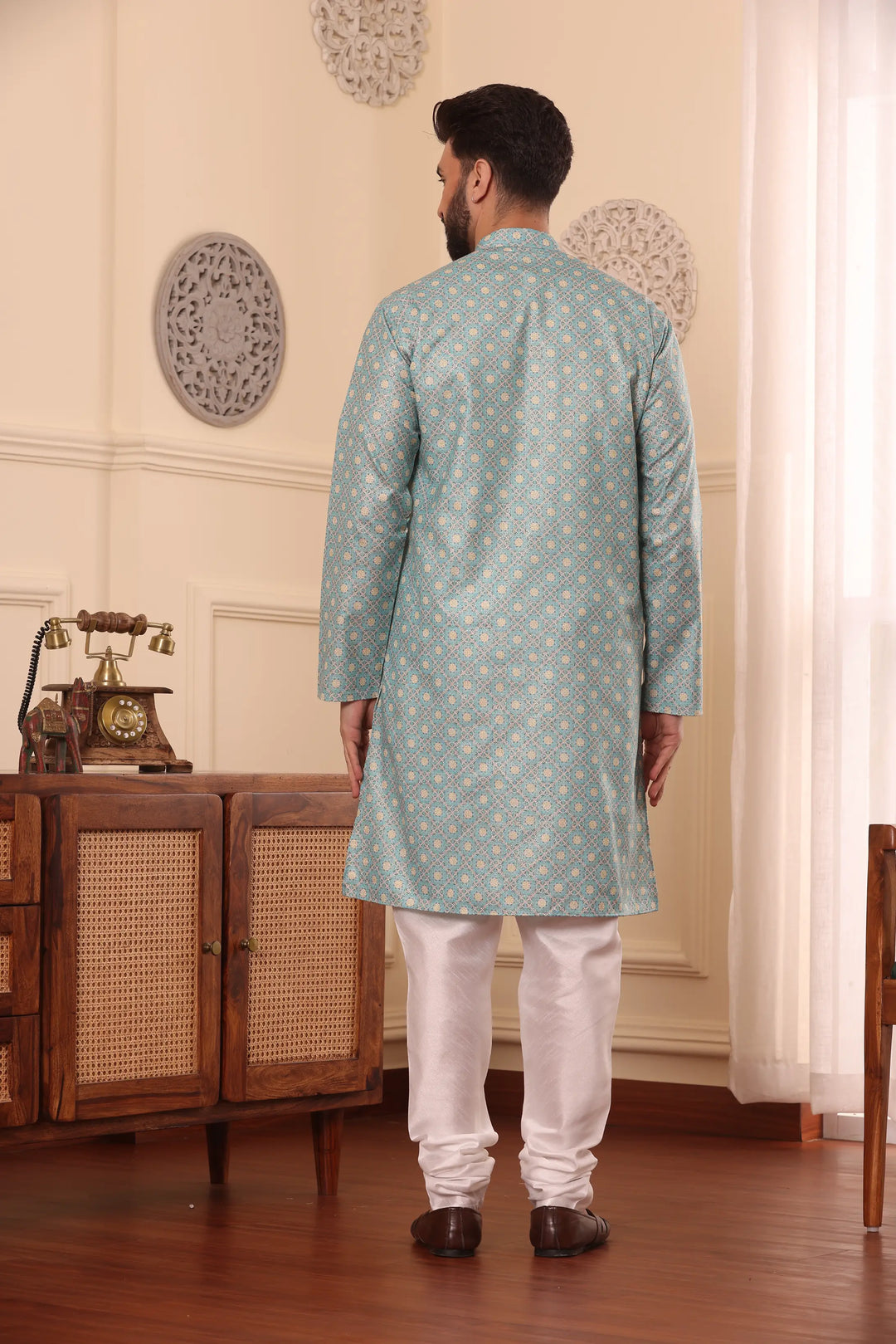 Sea Green Cotton Printed Kurta with White Churidar Set for Men