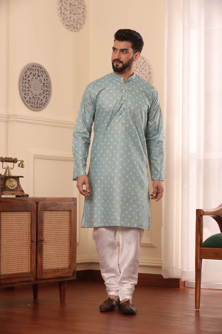 Sea Green Cotton Printed Kurta with White Churidar Set for Men