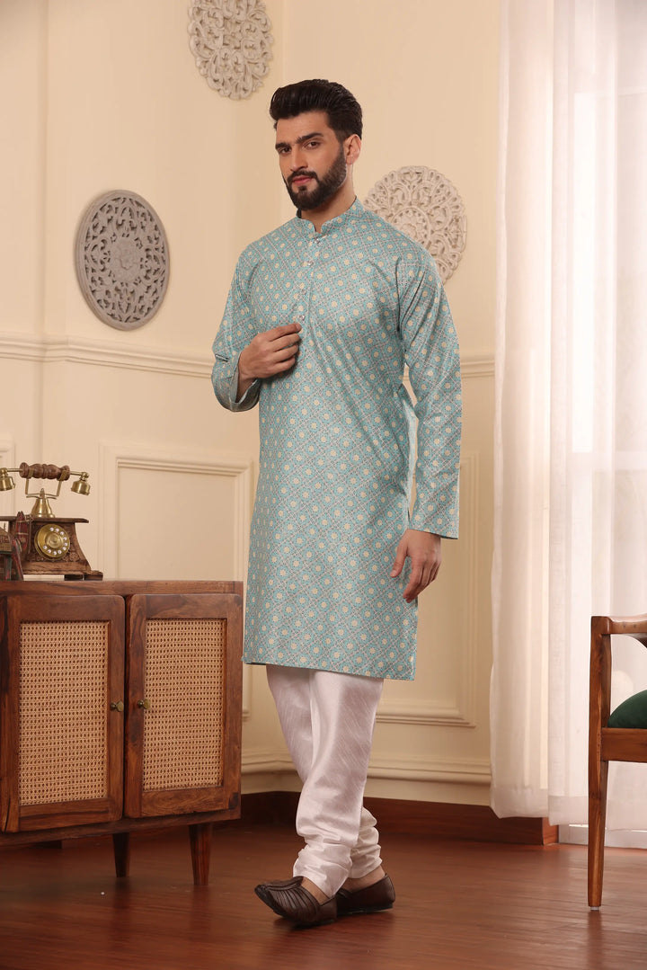 Sea Green Cotton Printed Kurta with White Churidar Set for Men