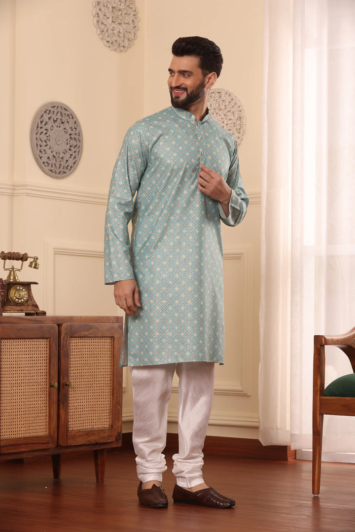 Sea Green Cotton Printed Kurta with White Churidar Set for Men