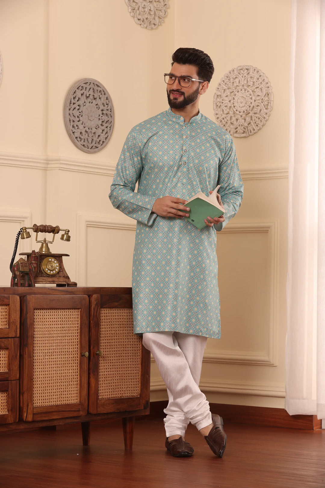 Sea Green Cotton Printed Kurta with White Churidar Set for Men