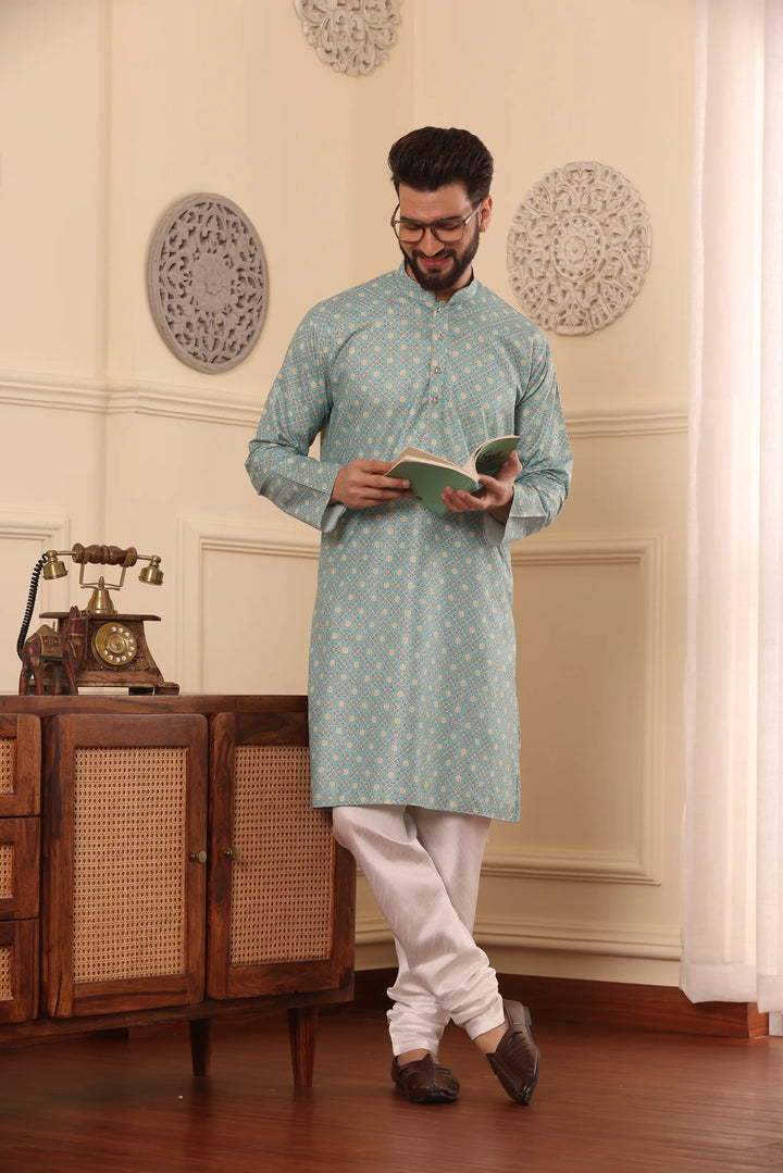 Sea Green Cotton Printed Kurta with White Churidar Set for Men