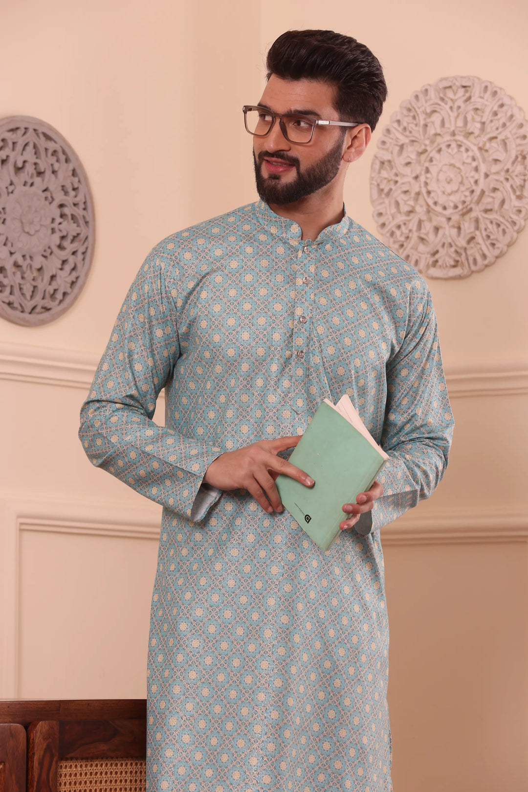 Sea Green Cotton Printed Kurta with White Churidar Set for Men