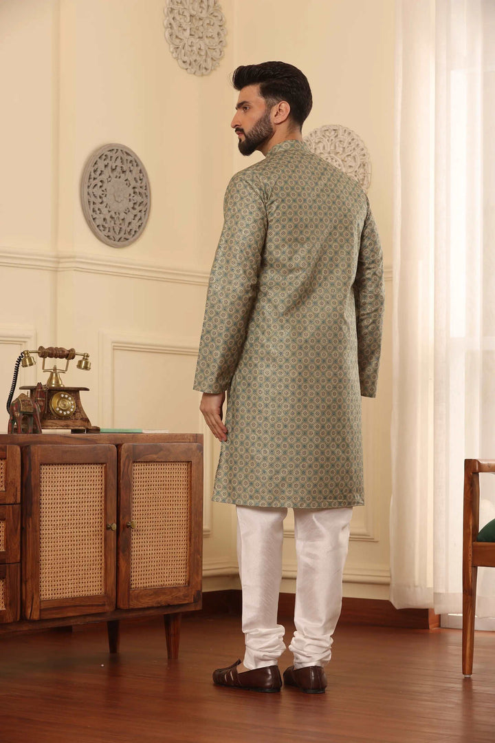 Green Cotton Printed Kurta with White Churidar Set for Men - Effortless Style, Timeless Panache