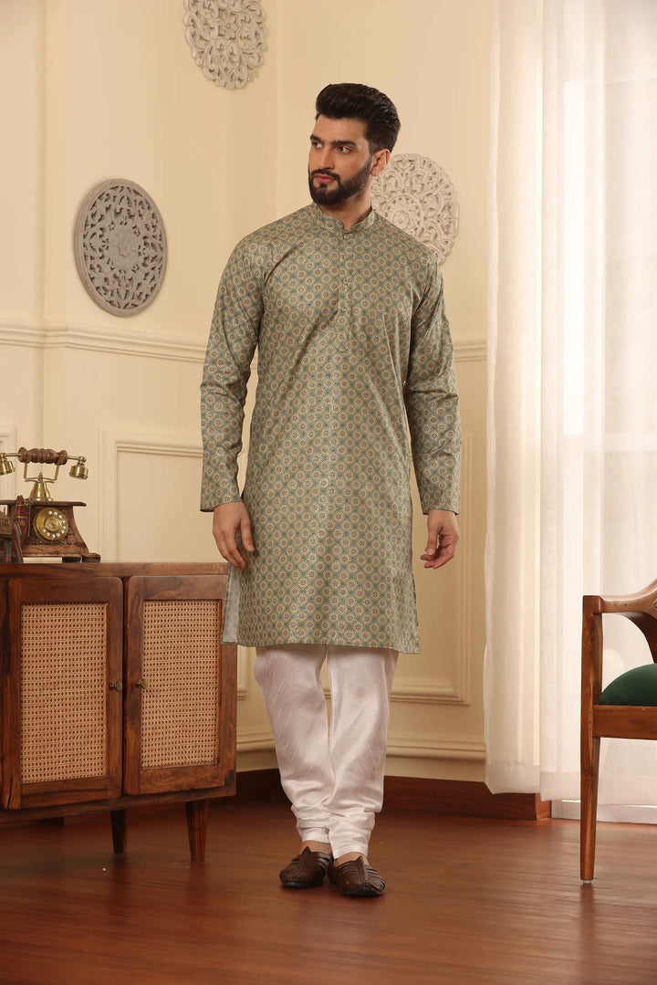 Green Cotton Printed Kurta with White Churidar Set for Men - Effortless Style, Timeless Panache