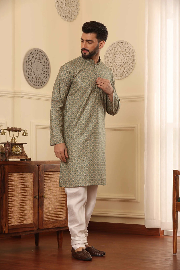 Green Cotton Printed Kurta with White Churidar Set for Men - Effortless Style, Timeless Panache