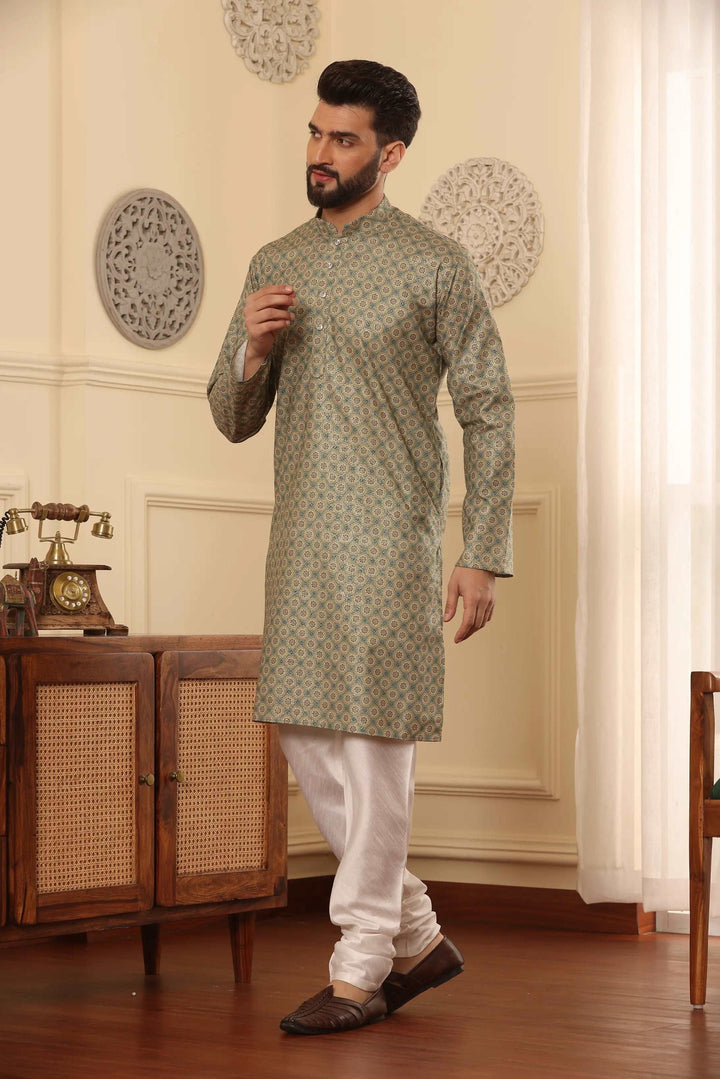 Green Cotton Printed Kurta with White Churidar Set for Men - Effortless Style, Timeless Panache