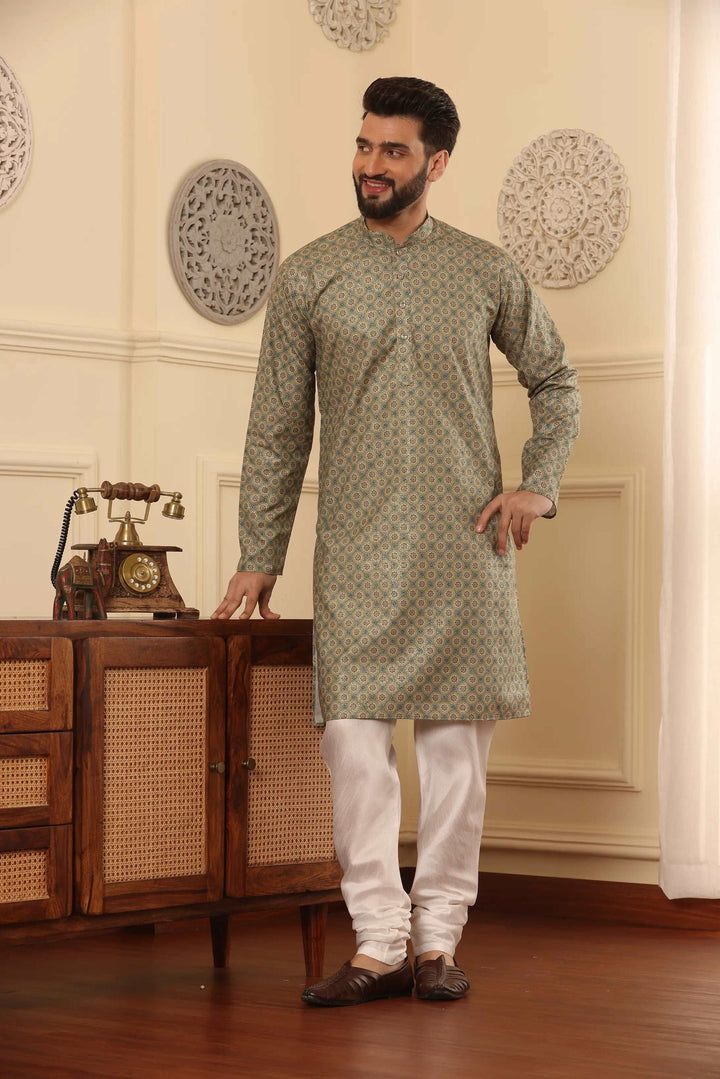 Green Cotton Printed Kurta with White Churidar Set for Men - Effortless Style, Timeless Panache