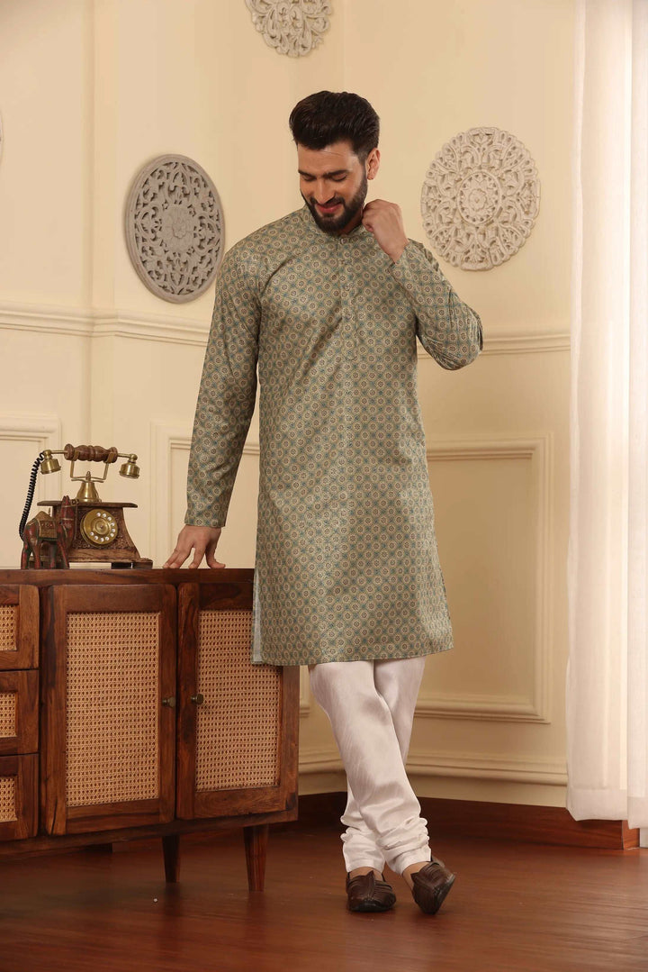 Green Cotton Printed Kurta with White Churidar Set for Men - Effortless Style, Timeless Panache