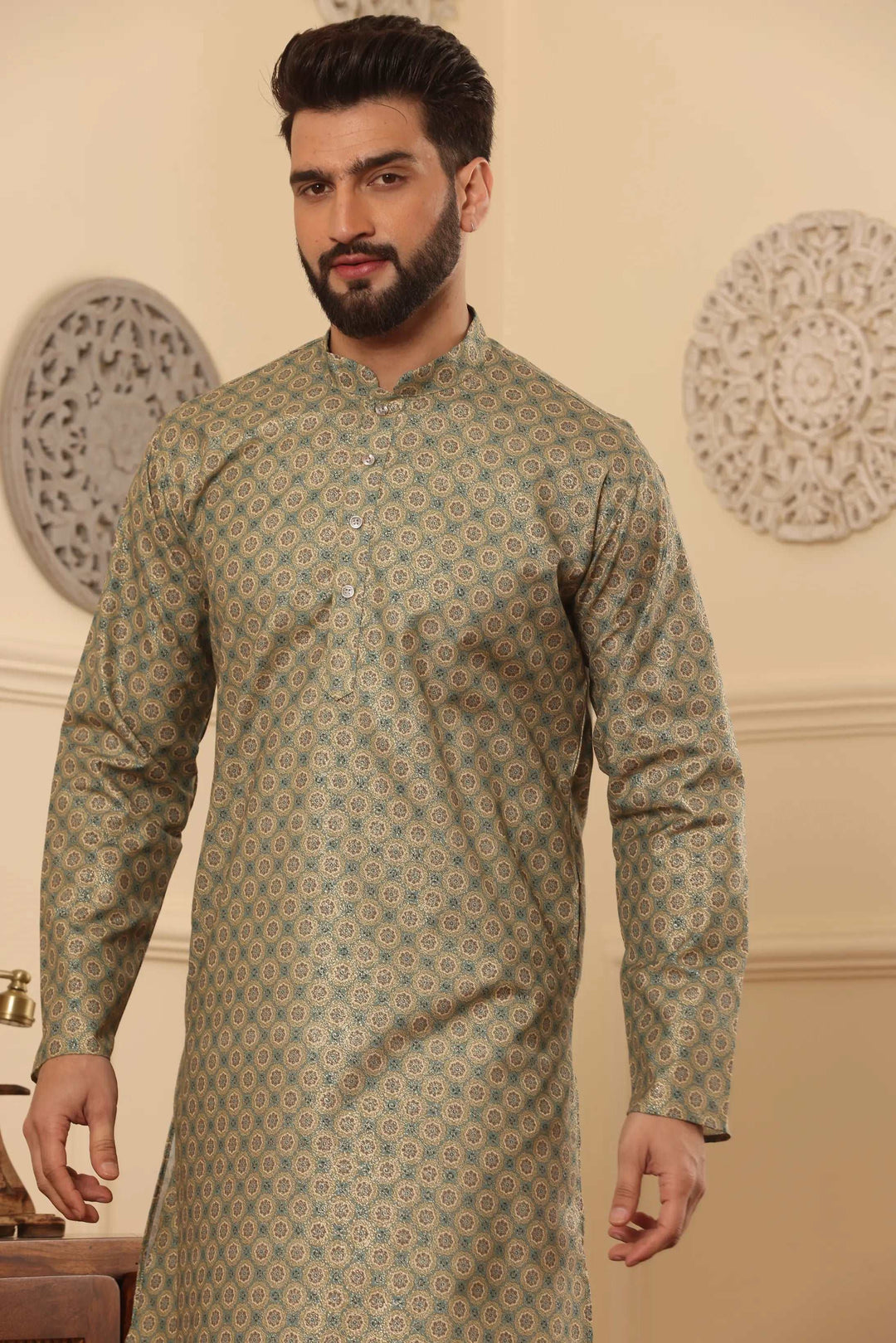 Green Cotton Printed Kurta with White Churidar Set for Men - Effortless Style, Timeless Panache