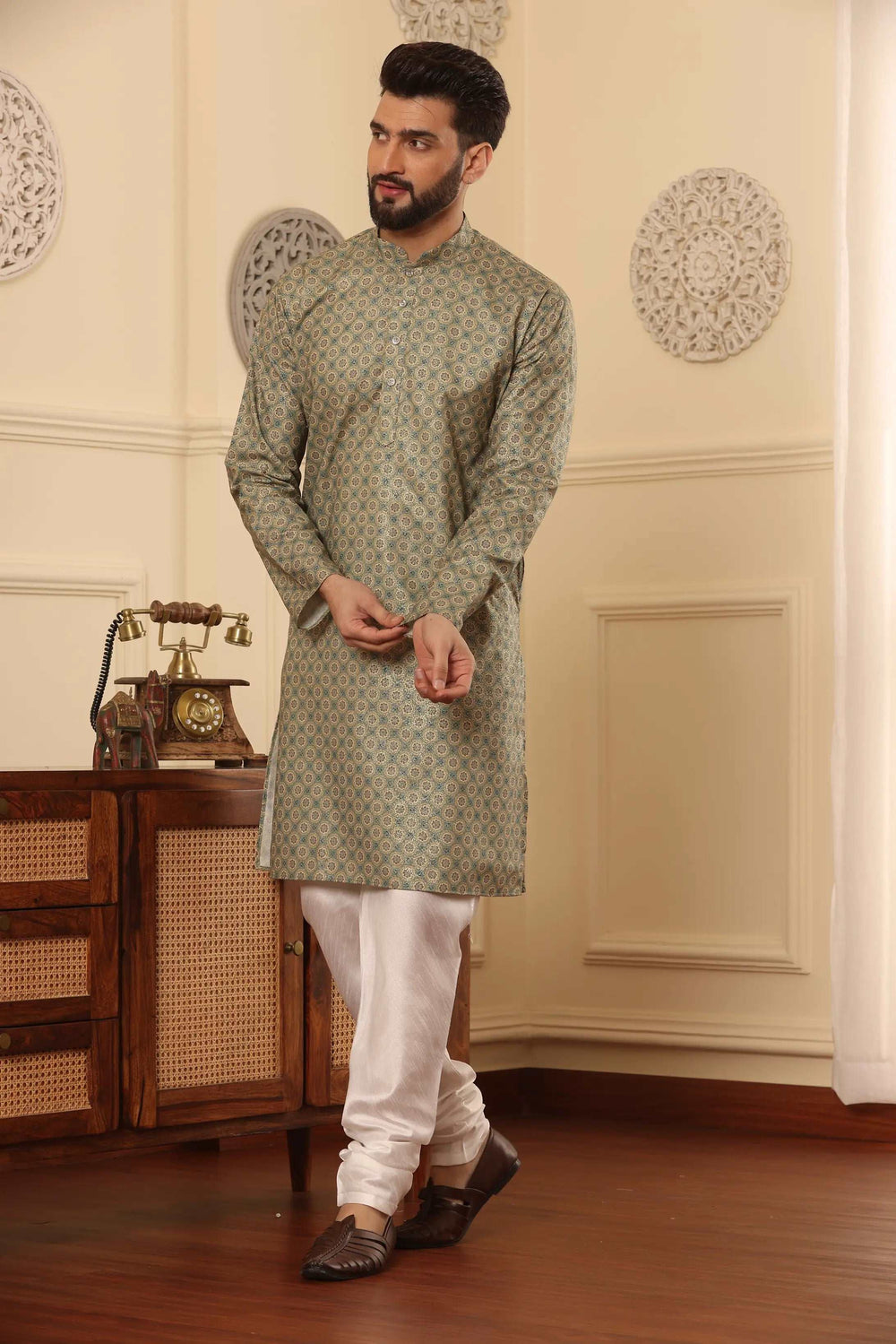 Green Cotton Printed Kurta with White Churidar Set for Men - Effortless Style, Timeless Panache