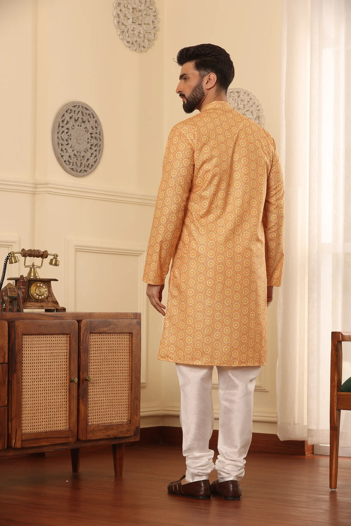 Orange Cotton Printed Kurta with White Churidar Set for Men