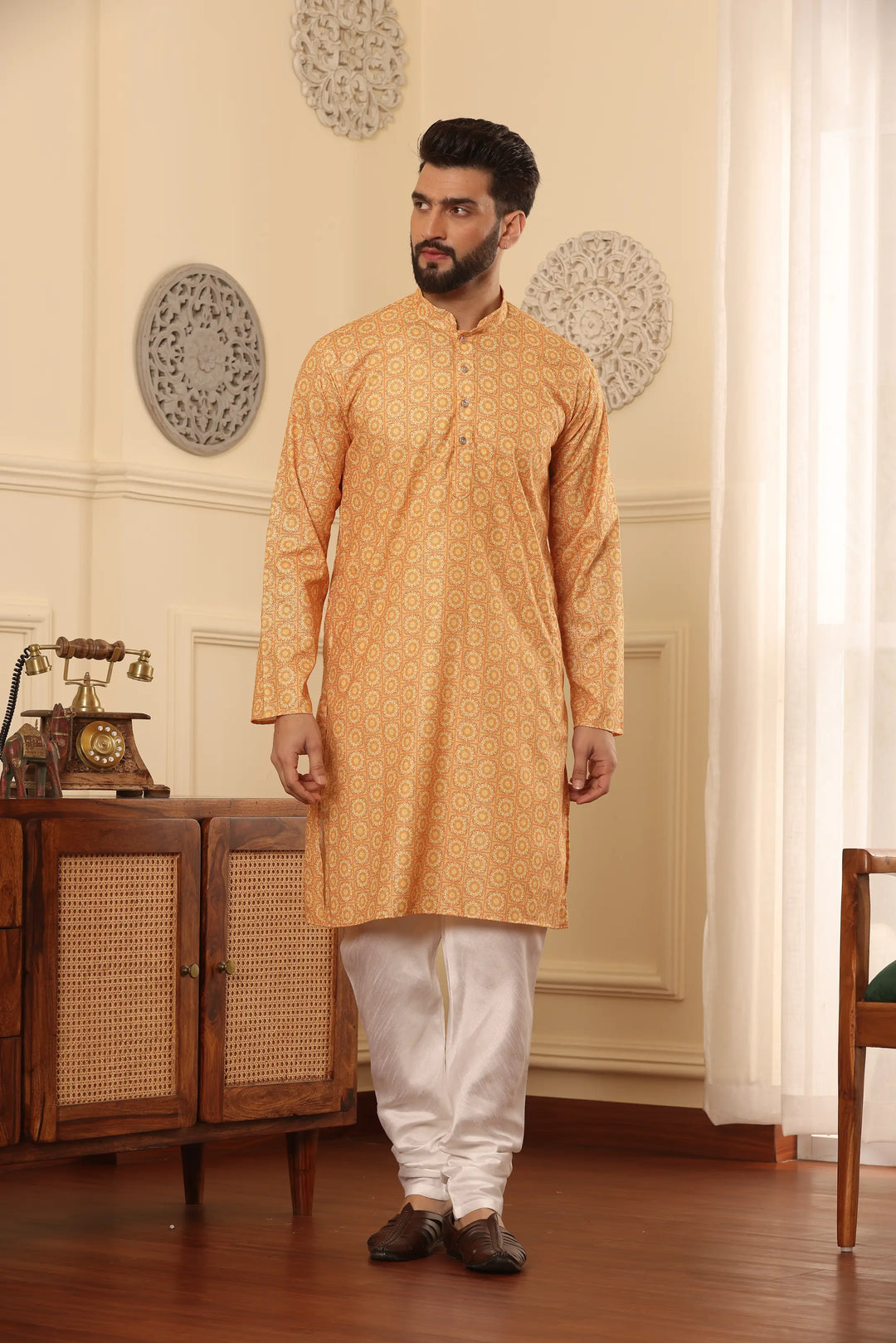 Orange Cotton Printed Kurta with White Churidar Set for Men