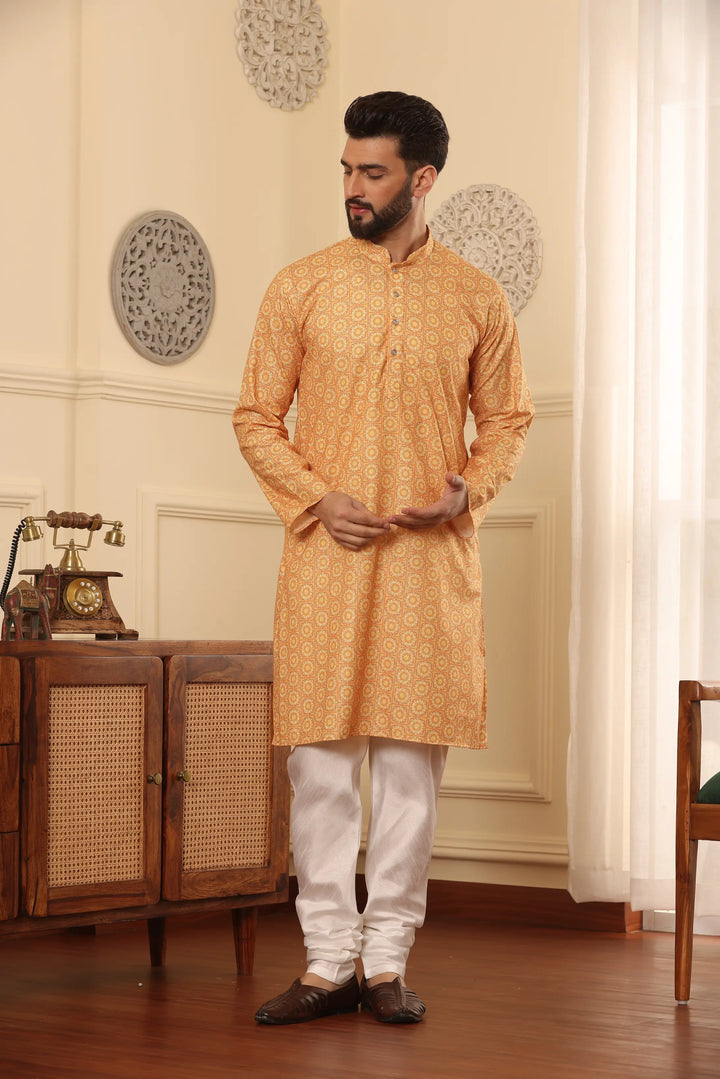 Orange Cotton Printed Kurta with White Churidar Set for Men