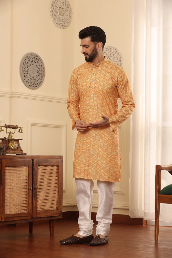 Orange Cotton Printed Kurta with White Churidar Set for Men