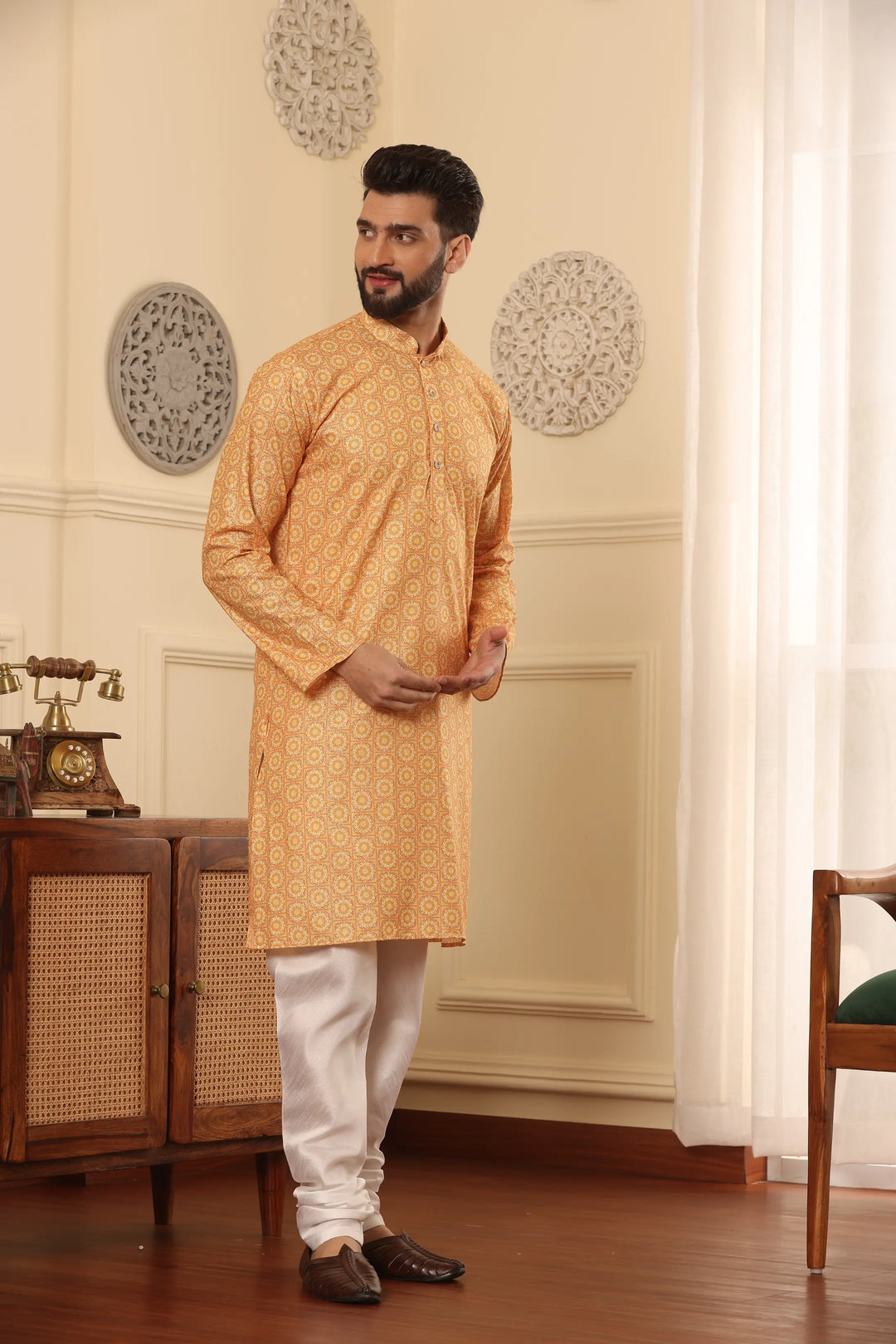 Orange Cotton Printed Kurta with White Churidar Set for Men