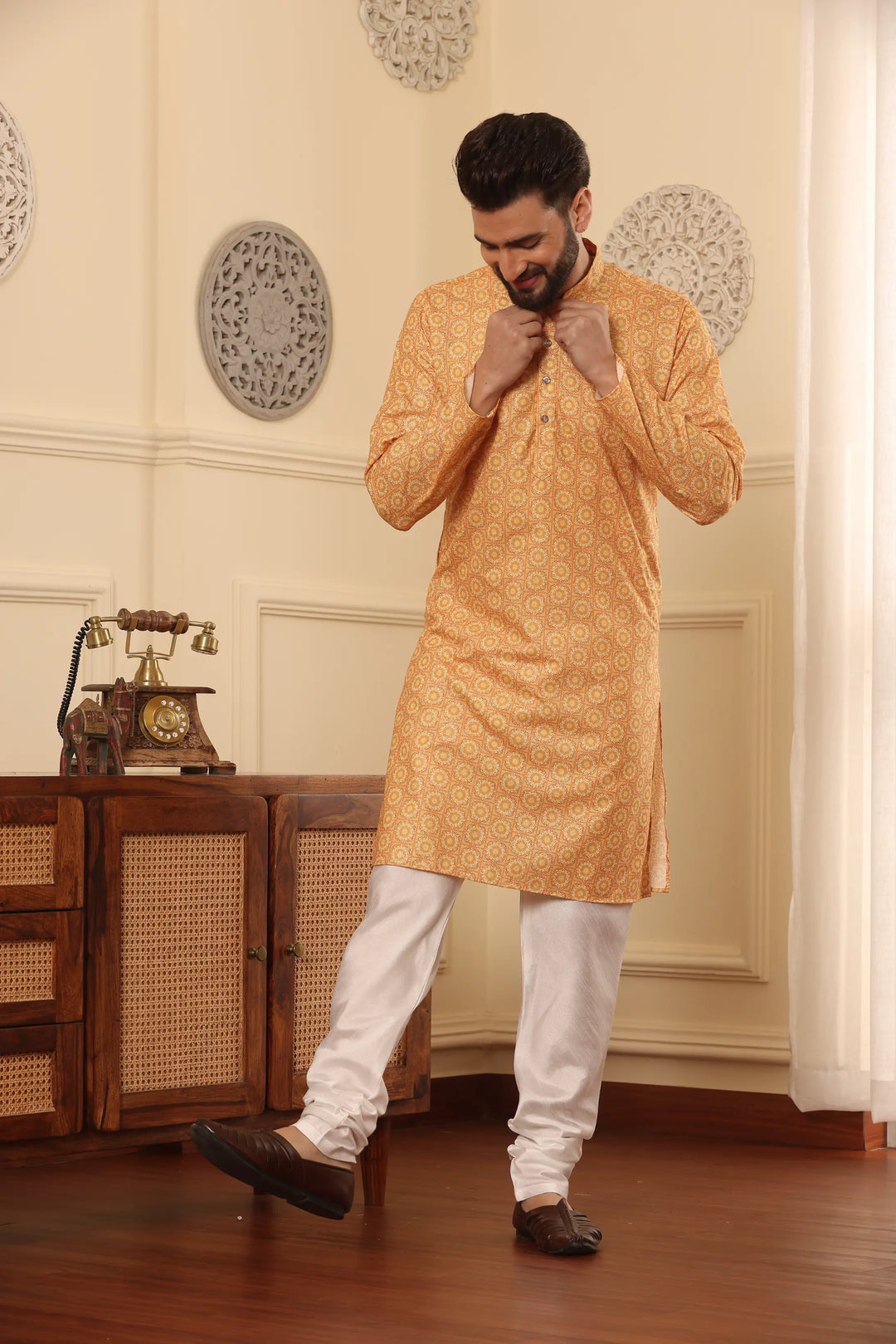 Orange Cotton Printed Kurta with White Churidar Set for Men