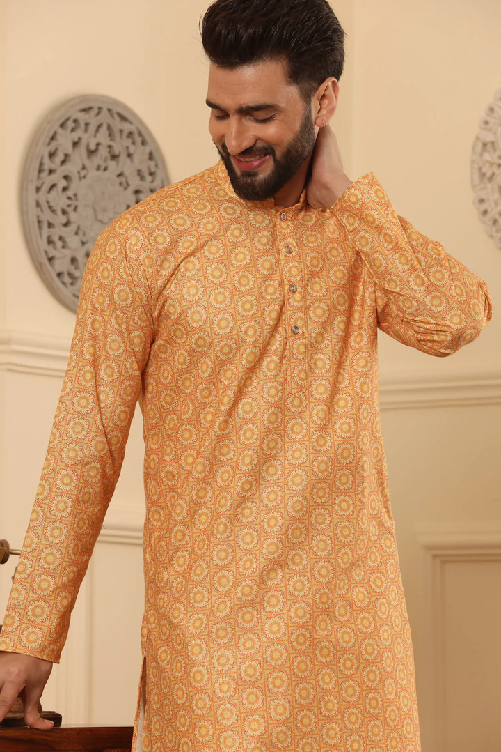 Orange Cotton Printed Kurta with White Churidar Set for Men