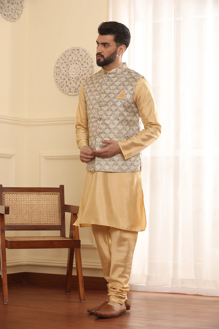 Beige Nehru Jacket Kurta and Churidar Pajama Set for Men – Timeless Elegance with a Modern Twist