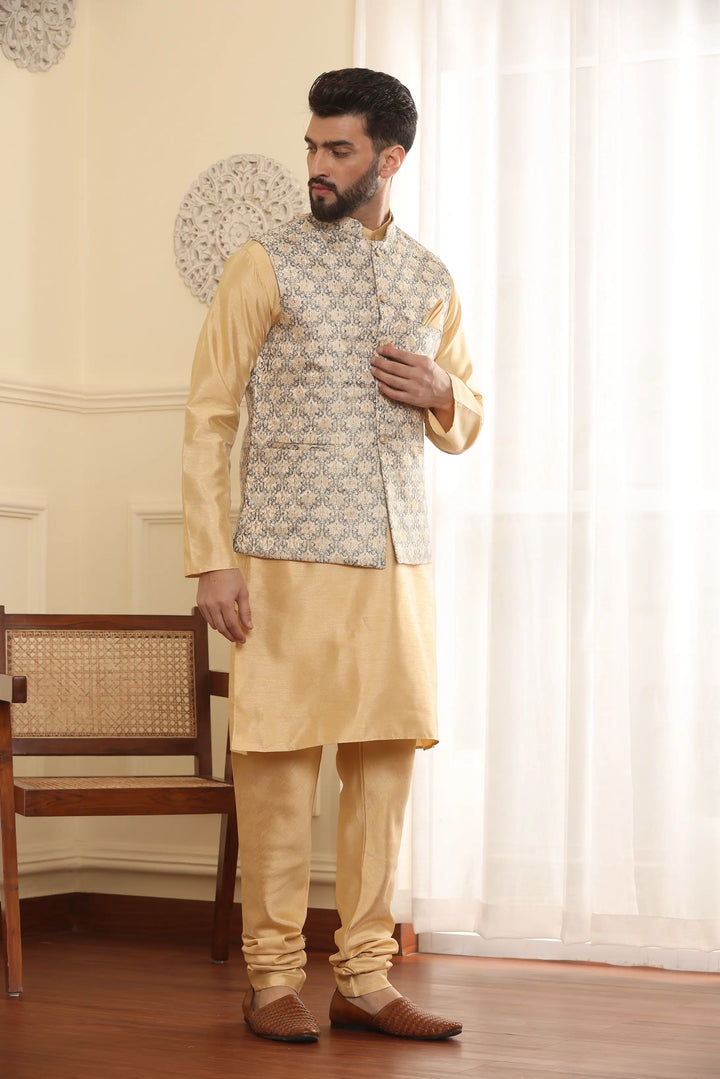 Beige Nehru Jacket Kurta and Churidar Pajama Set for Men – Timeless Elegance with a Modern Twist