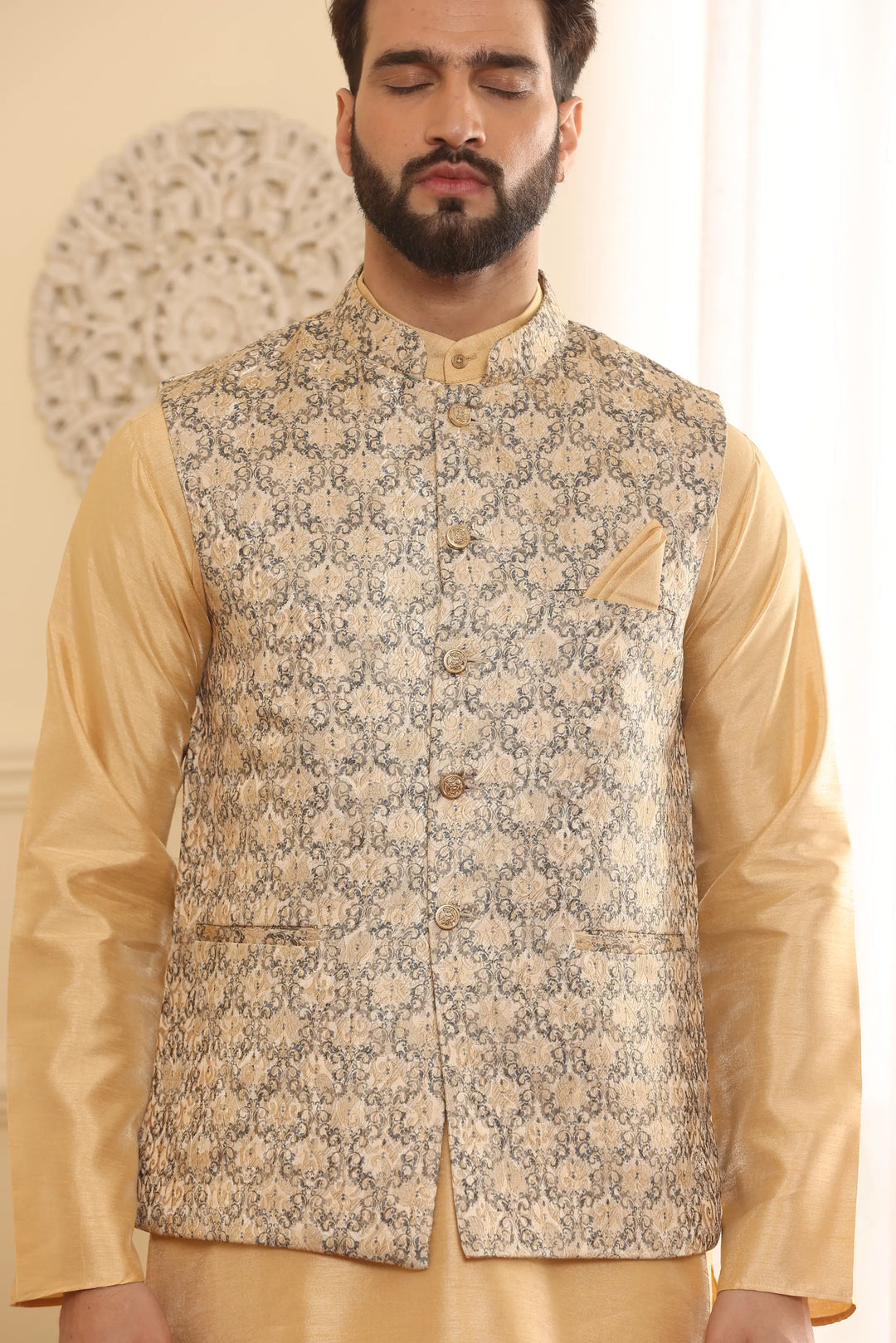 Beige Nehru Jacket Kurta and Churidar Pajama Set for Men – Timeless Elegance with a Modern Twist