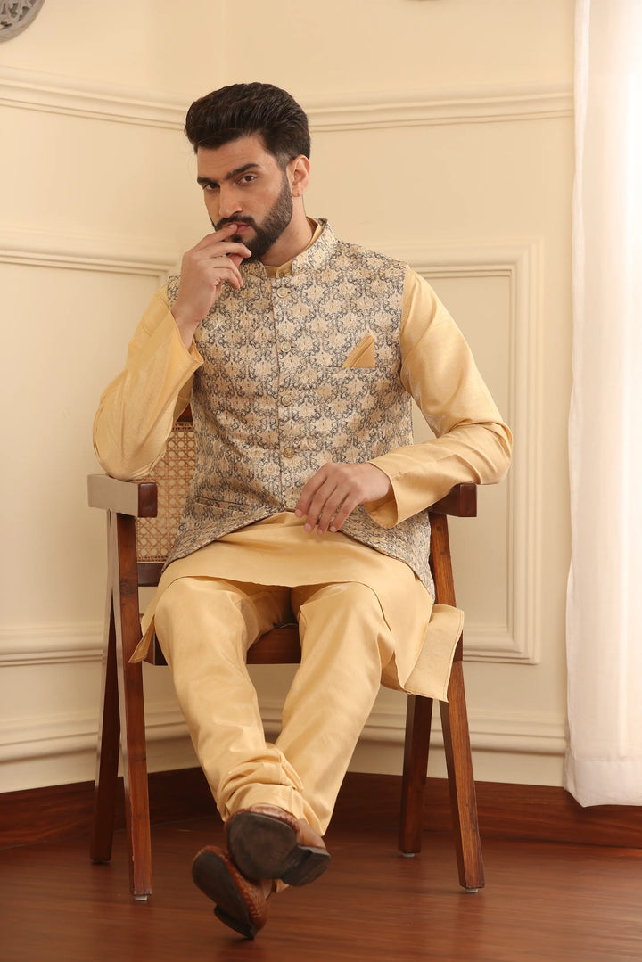 Beige Nehru Jacket Kurta and Churidar Pajama Set for Men – Timeless Elegance with a Modern Twist