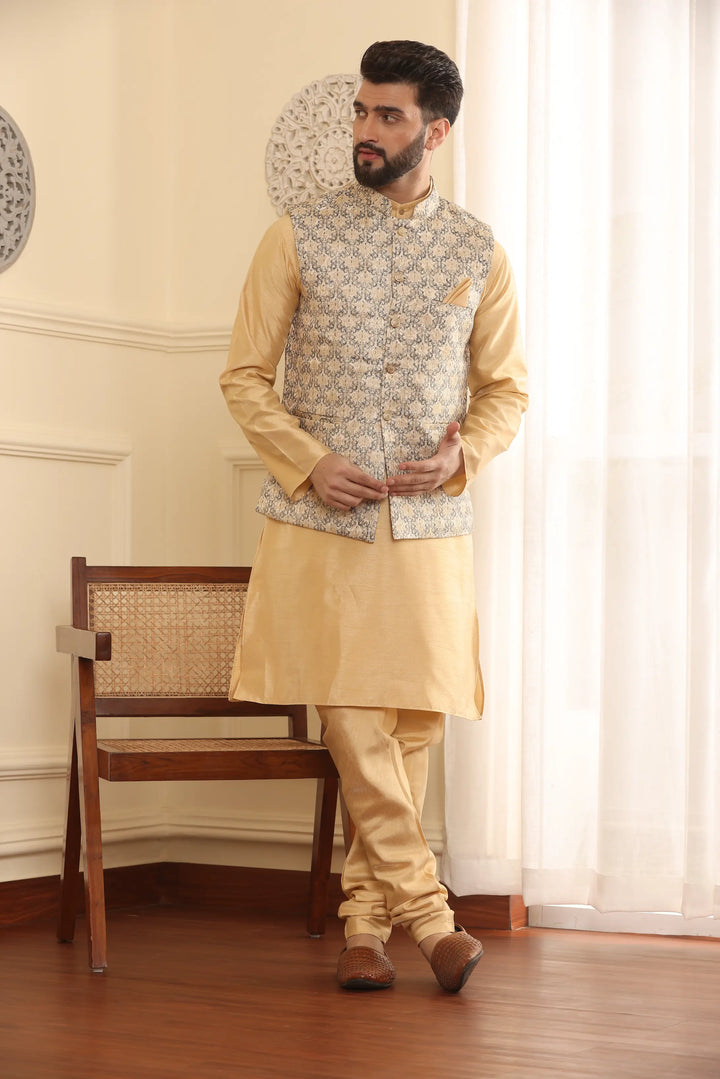 Beige Nehru Jacket Kurta and Churidar Pajama Set for Men – Timeless Elegance with a Modern Twist