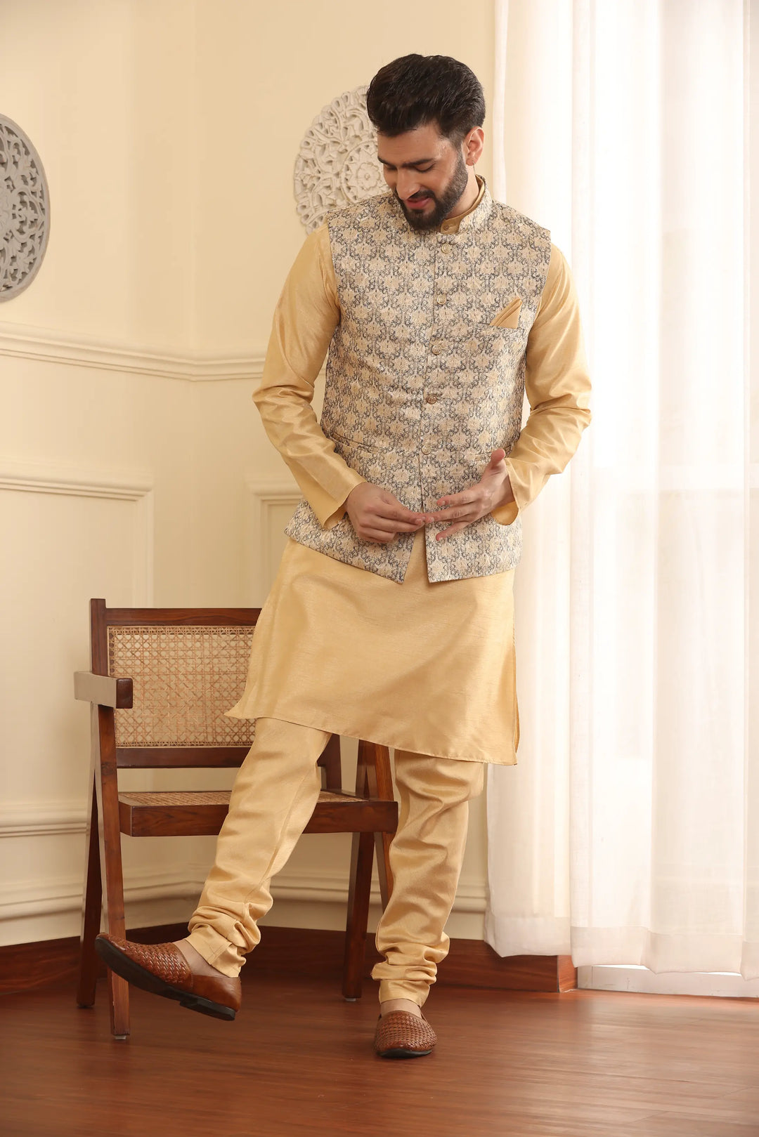 Beige Nehru Jacket Kurta and Churidar Pajama Set for Men – Timeless Elegance with a Modern Twist