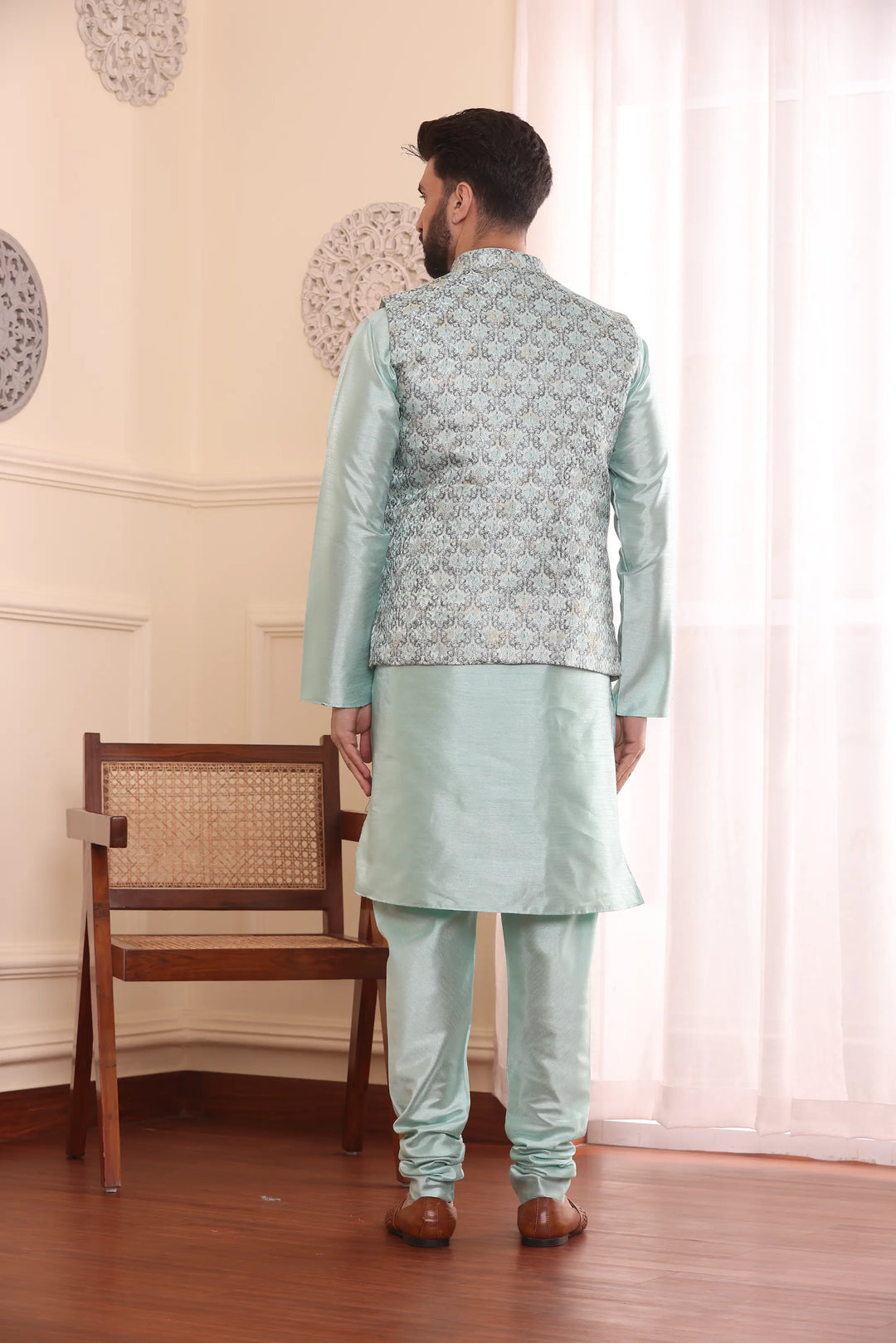 Sea Green Nehru Jacket Kurta and Churidar Pajama Set for Men – A Splash of Sophistication for Special Occasions