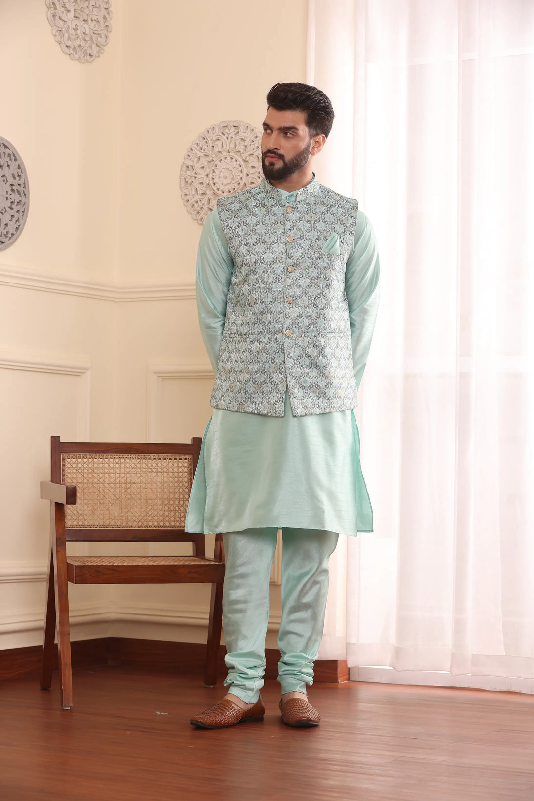 Sea Green Nehru Jacket Kurta and Churidar Pajama Set for Men – A Splash of Sophistication for Special Occasions