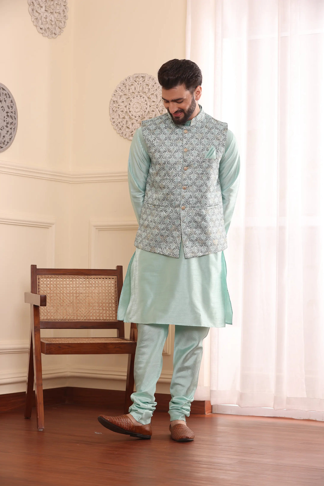 Sea Green Nehru Jacket Kurta and Churidar Pajama Set for Men – A Splash of Sophistication for Special Occasions