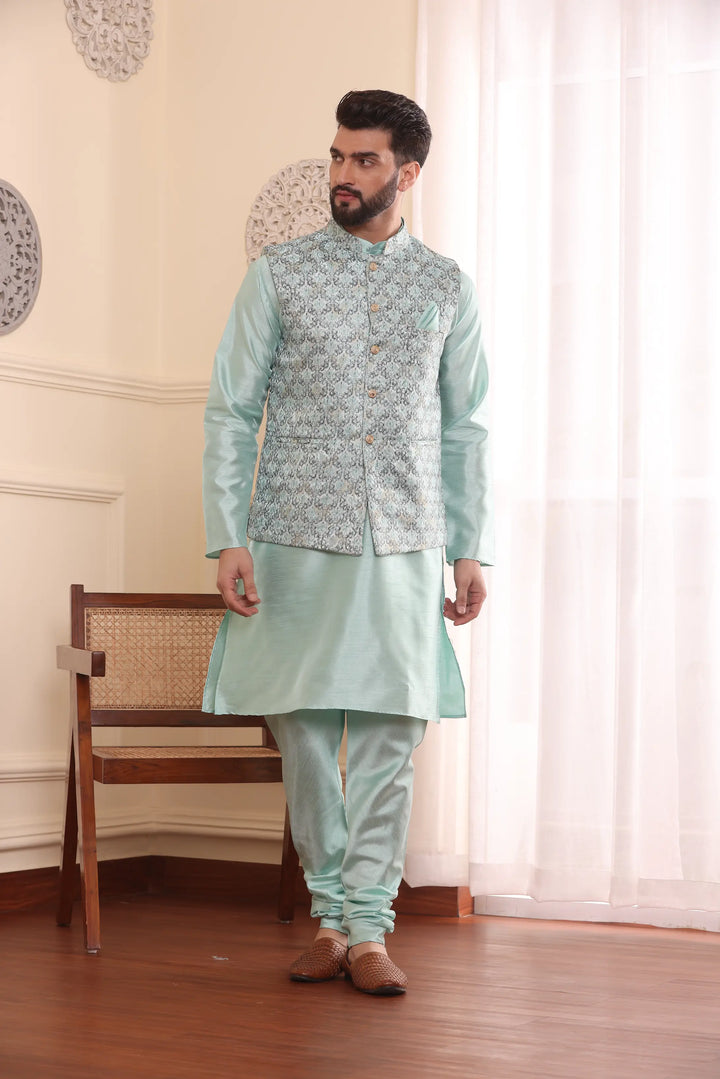 Sea Green Nehru Jacket Kurta and Churidar Pajama Set for Men – A Splash of Sophistication for Special Occasions