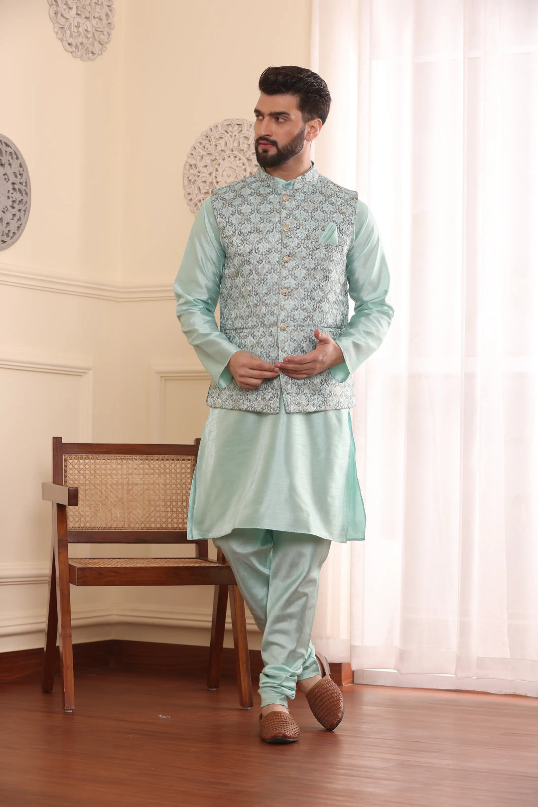 Sea Green Nehru Jacket Kurta and Churidar Pajama Set for Men – A Splash of Sophistication for Special Occasions