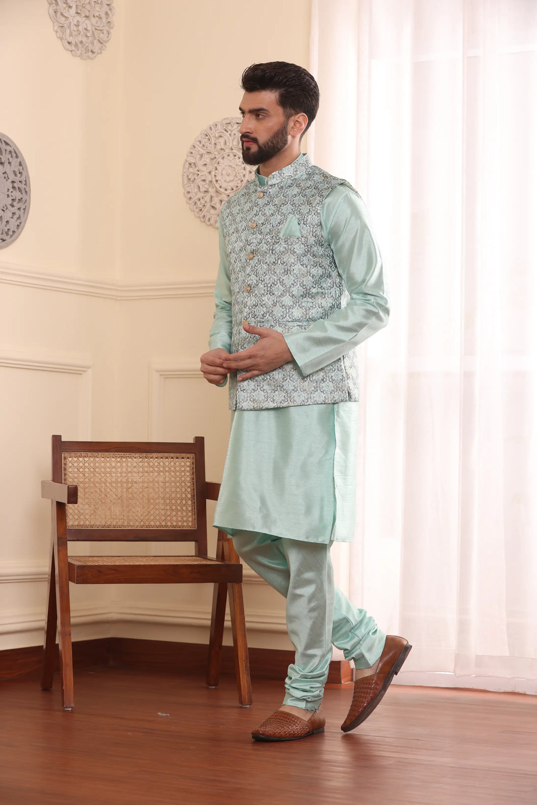 Sea Green Nehru Jacket Kurta and Churidar Pajama Set for Men – A Splash of Sophistication for Special Occasions