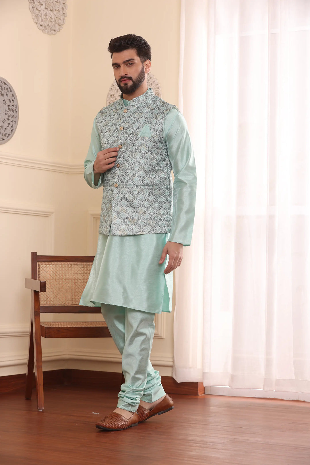 Sea Green Nehru Jacket Kurta and Churidar Pajama Set for Men – A Splash of Sophistication for Special Occasions