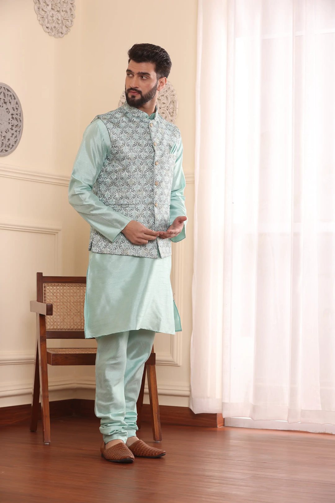 Sea Green Nehru Jacket Kurta and Churidar Pajama Set for Men – A Splash of Sophistication for Special Occasions