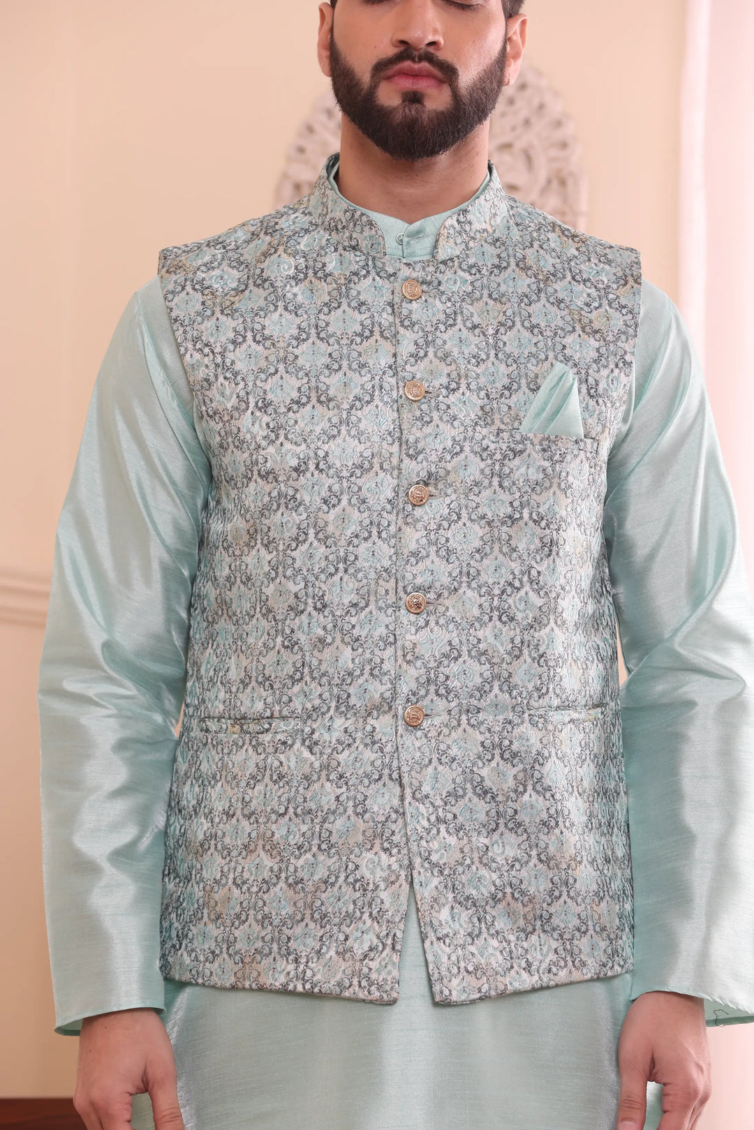 Sea Green Nehru Jacket Kurta and Churidar Pajama Set for Men – A Splash of Sophistication for Special Occasions