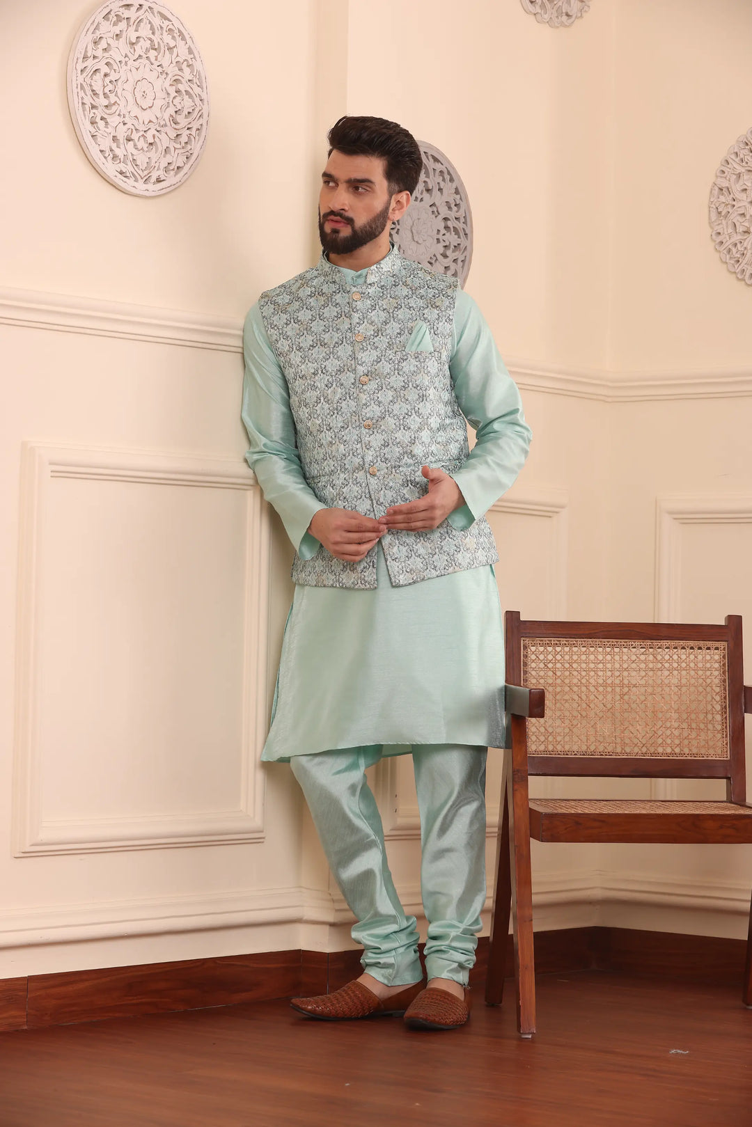 Sea Green Nehru Jacket Kurta and Churidar Pajama Set for Men – A Splash of Sophistication for Special Occasions