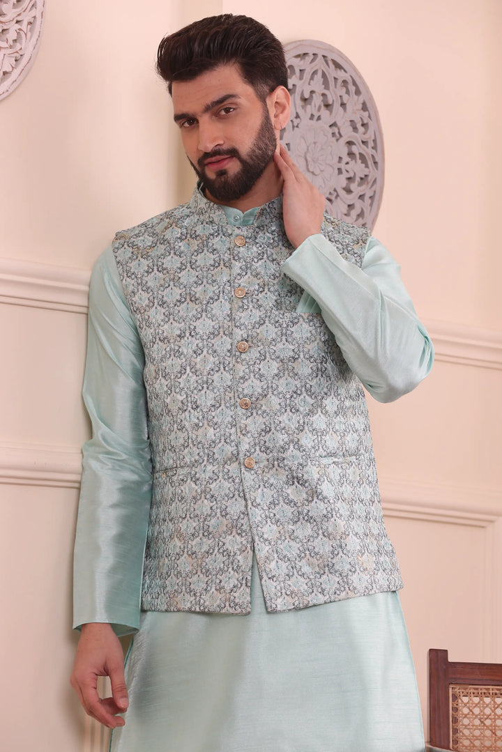 Sea Green Nehru Jacket Kurta and Churidar Pajama Set for Men – A Splash of Sophistication for Special Occasions